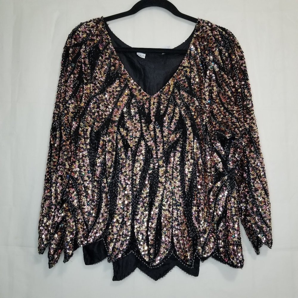 Oleg Cassini Black Tie Black Jewel Beaded Sequin Silk Top sz M ? Vneck scalloped